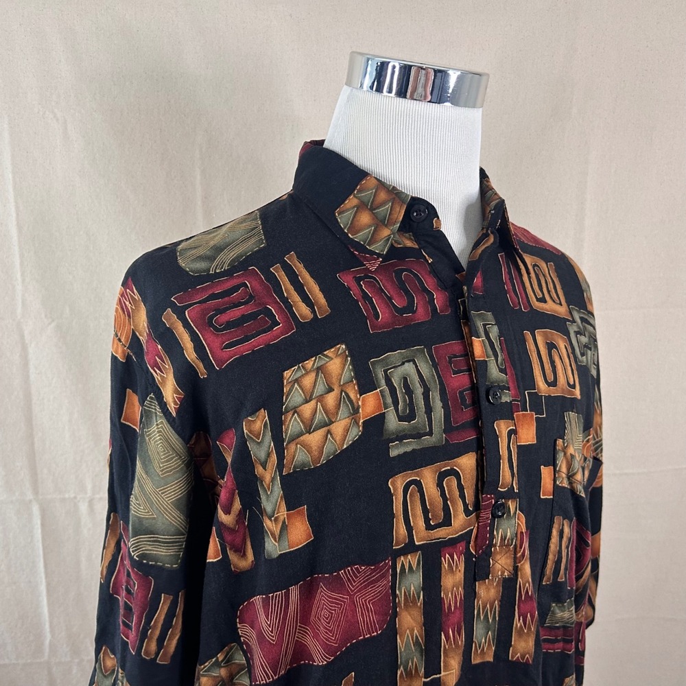 Alan Stuart Large Vintage Shirt Black Abstract Geometric Rayon Banded Mens